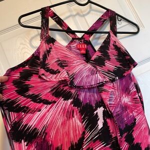 Women’s Elle M tank top Vibrant mostly pink with black sequins fluttered bodice